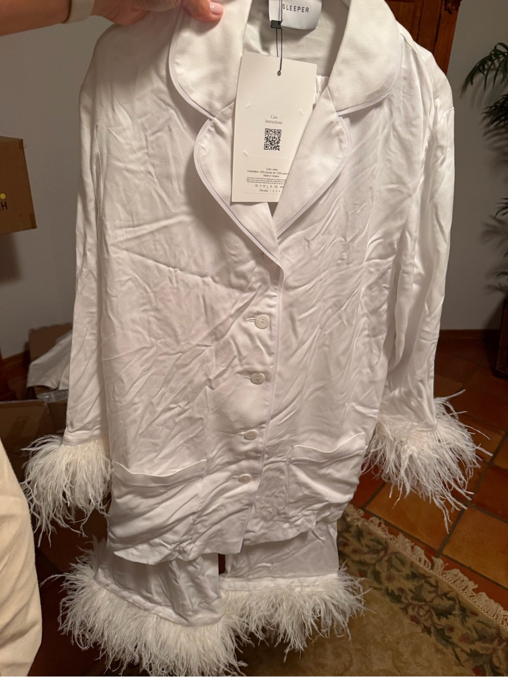 Sleeper White Satin Feather-Trim Pajama Set